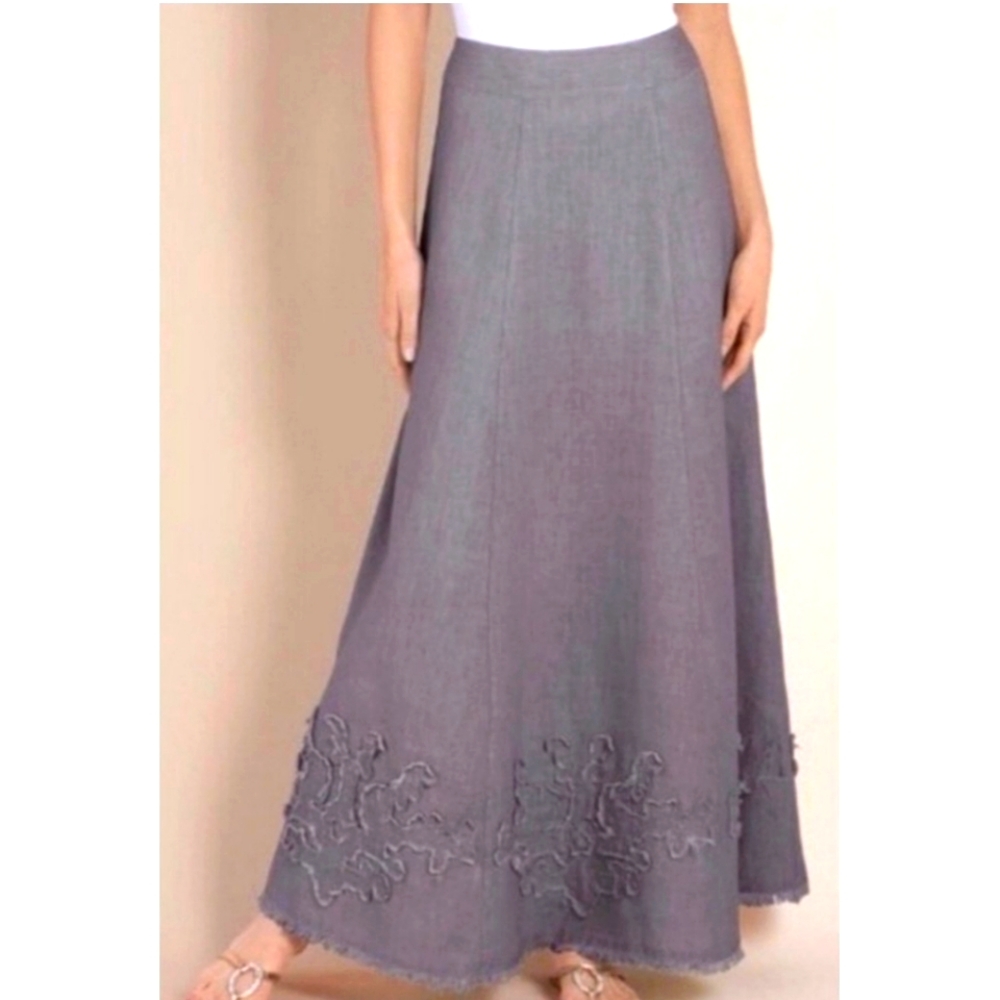 Soft Surroundings Gray Linen Applique Raw Hem Skirt Medium